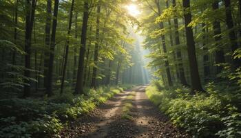 Sunlit Forest Trail Green Trees and Morning Light Beams photo