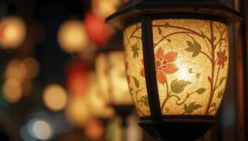 Ornate Floral Lantern Illuminated at Night photo