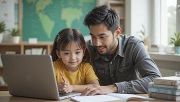 Father And Daughter Engaging In Online Learning Together photo