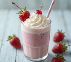 Strawberry Milkshake with Whipped Cream and Cherries on Wooden photo