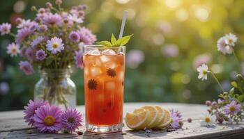 Iced Tea with Lemon and Mint in a Sunny Garden photo