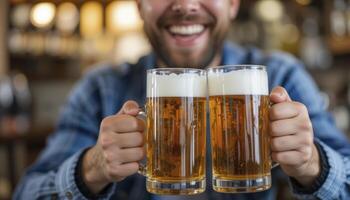 Smiling Man Cheers with Two Beer Mugs in a Pub photo