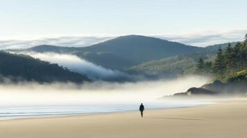 Person Walking on Misty Beach at Dawn, Green Mountains in Background photo