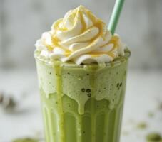 Refreshing Green Smoothie with Whipped Cream and Yellow Sauce photo