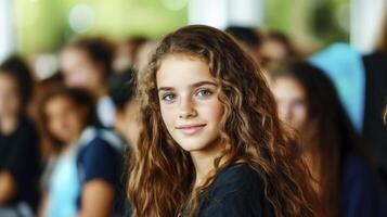 Smiling Girl with Curly Brown Hair and Green Eyes in a Blurred Crowd photo