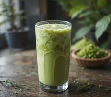 Refreshing Green Tea Latte on Wooden Table photo