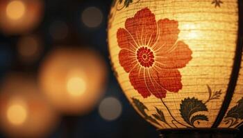 Illuminated Red Floral Paper Lantern Close Up photo