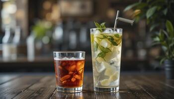 Two Refreshing Drinks on a Rustic Wooden Table Cola and Pineapple photo