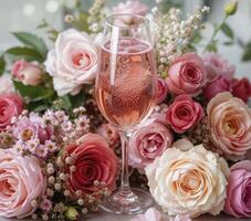 Pink Roses and Rose Wine in Soft Light photo