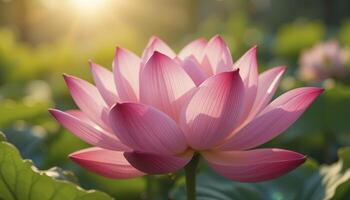 Close Up Pink Lotus Flower in Sunlight, Delicate Petals and Green photo