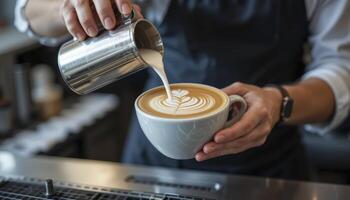 Barista Creates Latte Art Heart Design Close Up View Of Coffee photo