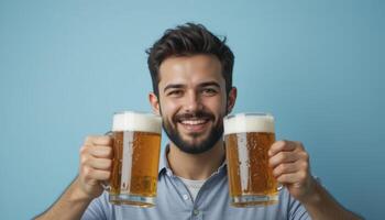 Smiling Person Cheers with Two Beer Mugs Against Light Blue photo