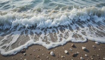 Ocean Waves Crashing on Sandy Beach with Seashells photo