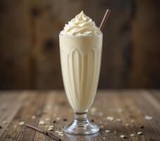 Vanilla Milkshake with Whipped Cream on Wooden Table photo
