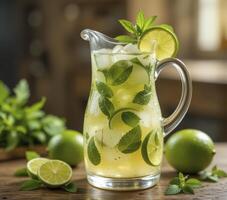 Refreshing Lime Mint Pitcher Drink On Rustic Wood photo