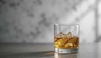 Amber Liquor in Rocks Glass with Ice on Gray Marble Surface photo