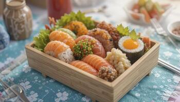 Salmon Nigiri and Sushi in Wooden Bento Box photo