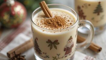 Creamy Eggnog With Cinnamon In Festive Mug Christmas Drink photo