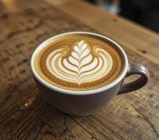 Close Up Of Latte Art In Gray Mug On Wooden Table photo