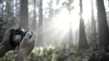 Person Photographing Sunlit Woodland Scene Warm Light Through Tall photo
