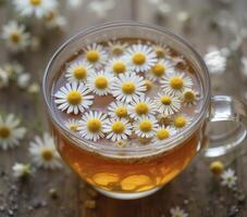 Overhead View of Herbal Tea in Clear Glass Cup on Wooden Surface photo