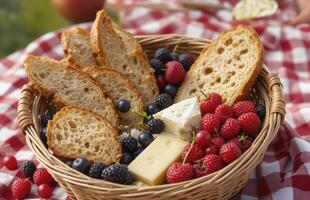 Rustic Summer Picnic Basket with Bread, Berries, and Cheese photo