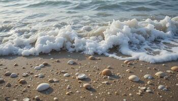 Seashells and White Waves on Sandy Beach photo