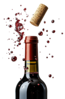 Red Wine Bottle with Cork Popping Splashing and Red Wine Droplets png