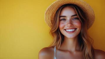 Smiling Woman in a Straw Hat Poses Against a Vibrant Yellow Background During Sunny Summer Days photo