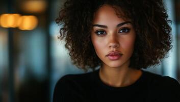 Captivating Portrait of a Woman With Curly Hair in a Modern Indoor Setting During Soft Lighting photo