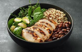 Delicious Grilled Chicken Bowl With Quinoa, Beans, and Fresh Vegetables for Healthy Eating photo