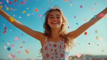 Joyful Girl Celebrating With Colorful Confetti at a Sunny Outdoor Event by the Beach photo