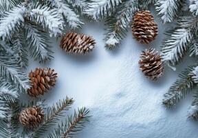 Winter Pinecones and Snow Create a Serene Seasonal Display in a Frosty Forest Setting photo