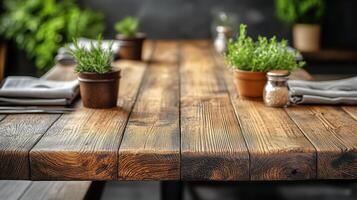 Rustic Dining Table Adorned With Fresh Herbs and Simple Decor in a Cozy Indoor Setting photo