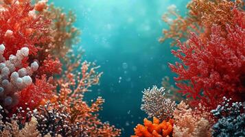 Coral Reef Underwater Ecosystem With Vibrant Red Corals and Sunlight Filtering Through Water photo