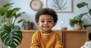 A Young Child With Curly Hair Sits Happily in a Bright, Plant-Filled Room photo