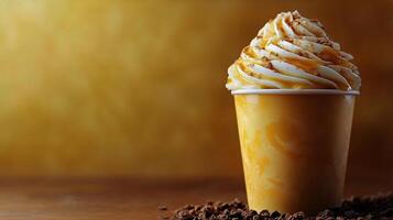 Creamy Caramel Dessert Served in a Cup With a Warm Background at a Cozy Cafe Setting photo