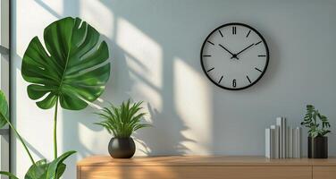 Natural Light Filling a Modern Living Room With Plants and a Stylish Wall Clock photo