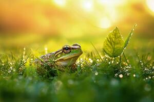 Frog Resting in Dew-Covered Grass During Sunset in a Serene Natural Setting photo
