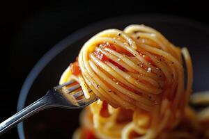 Delicious Spaghetti With Tomato Sauce Twirled on a Fork Ready to Be Enjoyed at a Cozy Dining Table photo