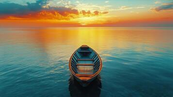 Sunset Reflections Over Calm Waters With a Lone Boat in the Background photo