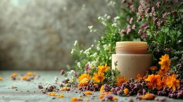 Natural Skincare Product Surrounded by Colorful Flowers on a Rustic Surface photo