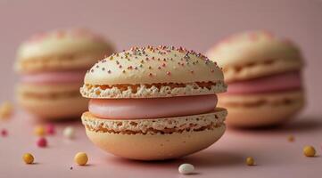 Colorful Macarons With Pastel Frosting and Sprinkles on a Pink Surface During a Dessert Display photo