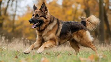 Dog Running Joyfully Across a Grassy Field With Autumn Leaves in the Background photo