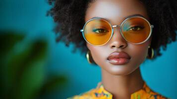 Stylish Woman Wearing Yellow Sunglasses Poses Confidently in Front of a Vibrant Blue Background photo
