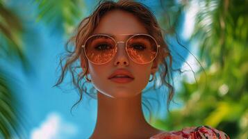 Summer Portrait of a Woman in Sunglasses Surrounded by Tropical Plants at Midday photo