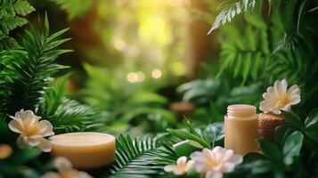 Natural Skincare Products Displayed Among Vibrant Green Foliage in a Tranquil Outdoor Setting photo