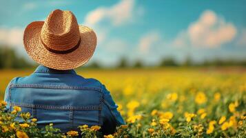 Person Enjoys a Peaceful Moment in a Vibrant Field of Yellow Flowers on a Sunny Day photo