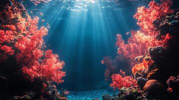 Colorful Coral Reef Ecosystem Showcasing Vibrant Marine Life Illuminated by Sunlight photo