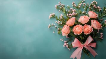 Beautiful Arrangement of Pink Roses and Small Flowers on Turquoise Background for Special Occasions photo